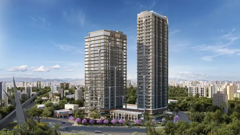 Perspectiva do complexo Metropolitan Marista, com torre residencial, torre comercial e mall aberto